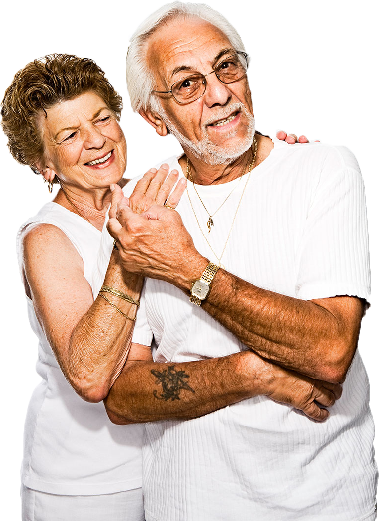 cool senior couple with tattoos hugging